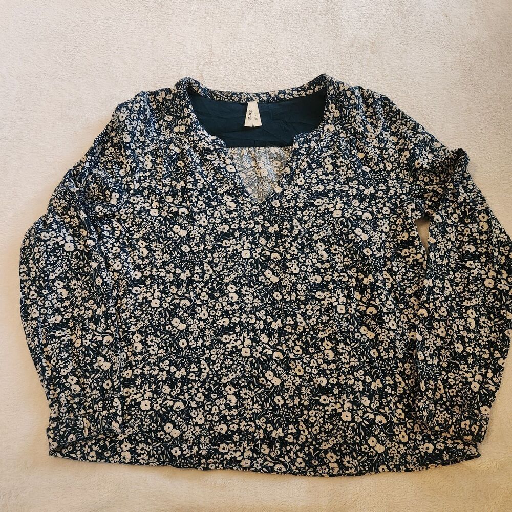 Pact Organic Cotton Navy & Cream Floral V-Neck Long Sleeve Blouse - Size S EUC